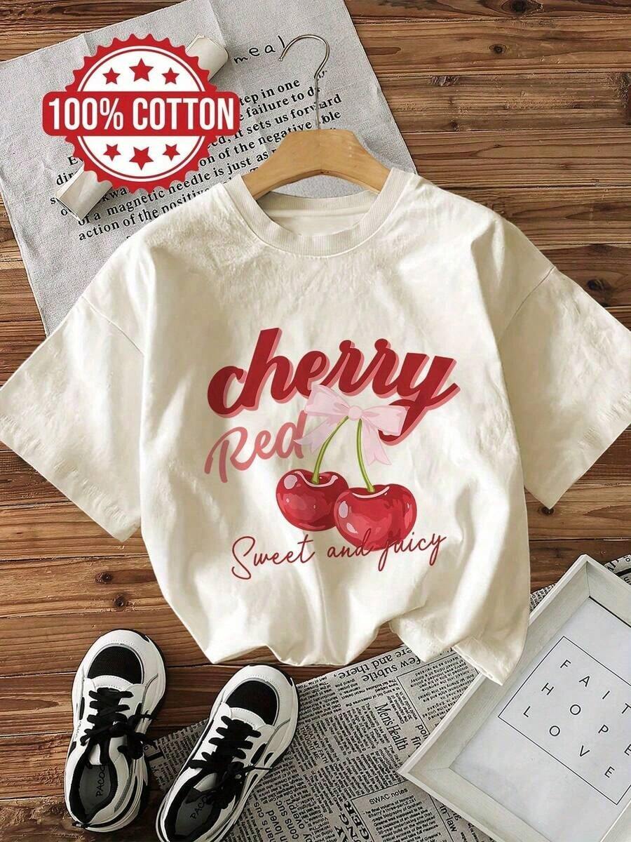 1 pieza de camiseta para mujer, camiseta casual de manga corta con cuello redondo - Estampado de diseño dulce en rojo cereza, 100% algodón puro, lavable a máquina, estilo cómodo para todas las estaciones, top de verano, diseño divertido, algodón suave, ropa de primavera, moda, camisetas gráficas, camisetas vintage, 180g 100% algodón (tallas S-3XL), top para mujer, camiseta de manga corta, top para mujer, camiseta de manga corta. - Albaricoque - Ver 1