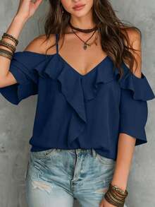 Blusa de volantes con hombros descubiertos de unicolor, estilo de vacaciones de playa para mujer - Azul marino - Ver 4