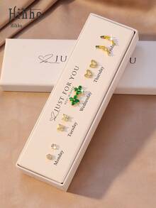 Hihho 5 Pairs Of Exquisite Creative Earring Set, Featuring Designs Like Clover, Butterfly, Heart And More, Versatile For Daily Matching, Warm Gold Tone With Zirconia And Colorful Gems Accents, Gift Box Packaging With Ceremonial Feel, Ideal For Everyday Wear And Holiday Gifting - Earrings Set - View 5