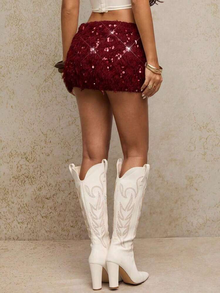 Falda corta de fiesta para mujer, color albaricoque, con lentejuelas, borlas y borde de pelo, falda de lentejuelas a la moda, para el festival de música de Chicago, salidas nocturnas, falda de Halloween, festival de música country, falda para citas, fiesta rave, concierto, Día de San Valentín, atuendos de San Valentín para mujer. - Burdeos - Añade 2