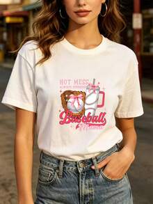 Fashionable Everyday T-Shirt, 180g, Fun, For Baseball Mom. | High-Voltage Print T-Shirt With Bold Style | Perfect Gift For Mom, Team Spirit, Family Outings, Office Parties,  Gifts, Women's Blouses. - 白色 - 查看 1