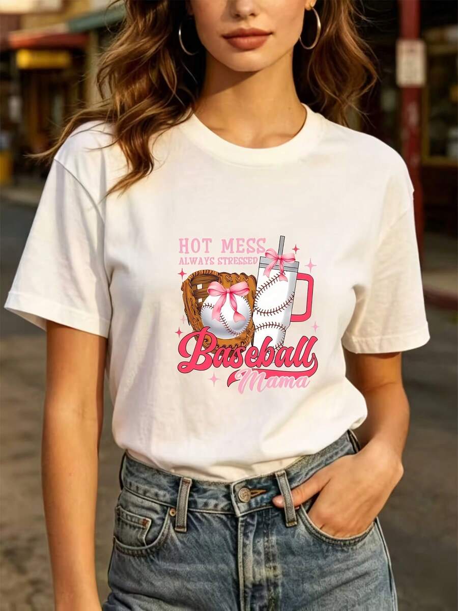 Fashionable Everyday T-Shirt, 180g, Fun, For Baseball Mom. | High-Voltage Print T-Shirt With Bold Style | Perfect Gift For Mom, Team Spirit, Family Outings, Office Parties, Gifts, Women's Blouses. - 白色 - 查看 1