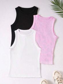 Top ajustado de cuello redondo informal para mujer - Rosa Pálido - Ver 6