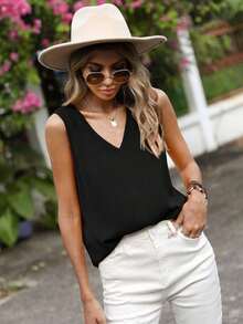 Camisa sin mangas de color sólido simple para mujer, ropa casual de vacaciones - Negro - Ver 5