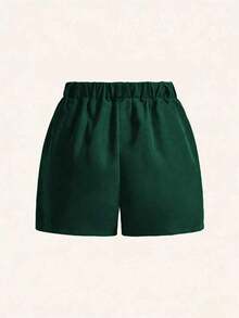 Pantalones cortos casuales de unicolor para mujer talla grande, versátiles para el verano - Verde Oscuro - Ver 2
