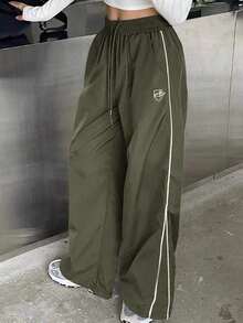 Pantalones casuales de pierna ancha con cordón en contraste y ribeteamionto - Verde Oscuro - Ver 3