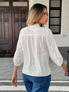 Blusa de mujer con botones, bordados y encaje de algodón estilo francés - Blanco - Ver 2