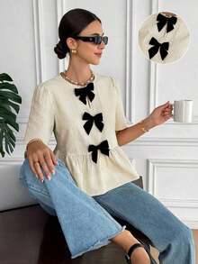 Blusa casual de mujer con rayas y lazo, Blusa de manga corta a rayas elegante para mujer, Decoración de lazo negro vintage, Diseño holgado y estilizante con volantes, Camisa color albaricoque, Verano para mujer, Blusa para salir, Playa para mujer, - Albaricoque - Ver 9