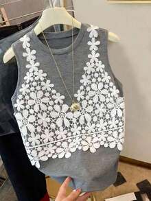 Top elegante de tirantes sin mangas de cuello redondo con contraste de color para mujer, verano - Gris - Ver 5