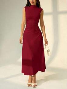 Vestido maxi de línea A con cuello mao, sin mangas, fruncido, color blanco, nuevo para el Día de San Valentín.Elegante y romántico atuendo para citas y trabajo, vestidos de verano para mujer - Rojo - Ver 1