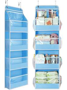 SXYecaye 5 Tier 1Pc Over The Door Organizer, Stuffed Animal Storage With Clear PVC Windows, Door Organizer Hanging For Bedroom Nursery Closet Dorm Room Laundry Pantry Bathroom, Grey - 柔和的天藍色 - 查看 11