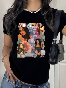 Colorful Collage Representing Female Freedom With Modern Figures, Tropical Flowers, A Retro Vehicle, A Banknote And Passport Symbolizing Travel And Dreams; Modern Casual Women's T-Shirt - 黑色 - 查看 8