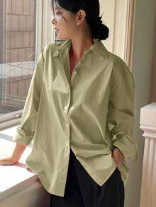 Camisa holgada de mujer de unicolor, de manga larga y de abotonadura sencilla - Verde - Ver 6
