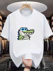 Camiseta de Hombre con Estampado de Cocodrilo de Dibujos Animados, Camiseta de Manga Corta con Estampado Animal para Adultos, Casual y Elegante - Blanco - Ver 1