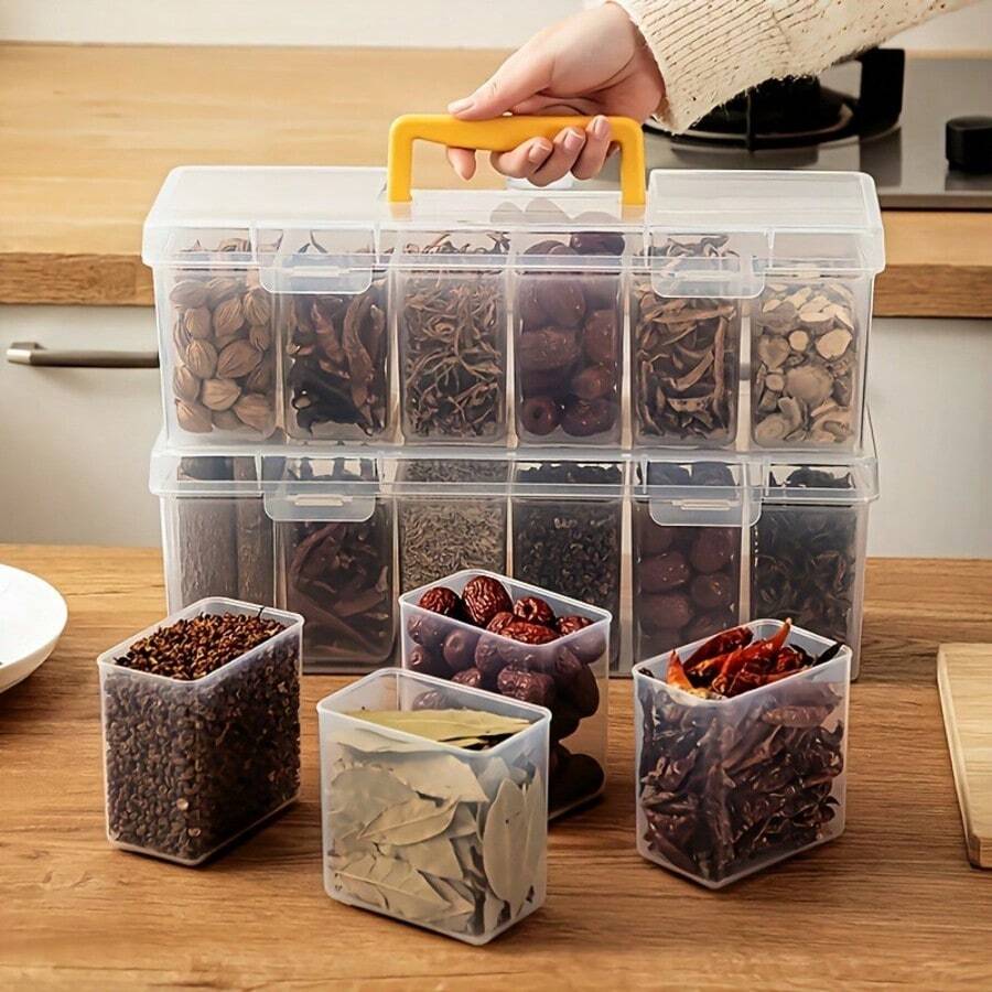 7件套（1个大盒子+6个小盒子），带盖，分层设计，密封性好，PP材质食品收纳盒，可拆卸调料罐，适用于存放香料、调味料、佐料，用途广泛，可用于厨房收纳、食品储存，是居家厨房、节日聚会、户外露营的理想之选 - 桌面调料罐