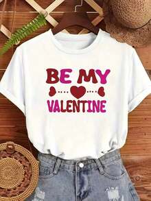 Camiseta de Mujer, Día de San Valentín "BE MY VALENTINE" "Heartbeat Invitation", Estampado de Carta de Confesión Dulce y Divertida con Símbolo de Corazón, Camiseta Blanca de Manga Corta con Cuello Redondo para Mujer - Blanco - Ver 7