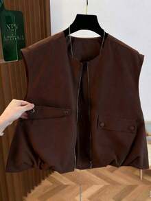Chaleco corto sin mangas para mujer, con dobladillo de burbuja de unicolor fresco de otoño, cuello redondo con cremallera, de moda y versátil, ajustado negro de verano - Café integral - Ver 3
