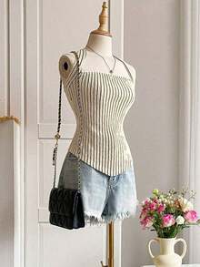 Top corto sin mangas con cuello halter y rayas, estilo callejero para mujer - Albaricoque - Ver 4