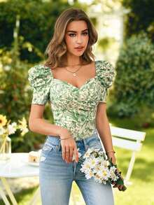 Blusa de mujer casual y elegante con estampado floral romántico y cuello en V, manga abullonada, para primavera/verano.Blusa floral de verano, blusa de primavera, blusa de manga abullonada, blusa floral, Blusa floral francesa suave del verano 2026 con cuello de corazón, manga abullonada y ajuste ceñido, blusa de manga corta linda para vacaciones, camisa delgada versátil para uso diario - Verde - Ver 5