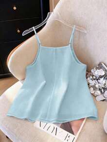 Blusa sin mangas de mujer con cuello plisado, decoración de botones de colores y diseño minimalista elegante de unicolor - Azul - Ver 2