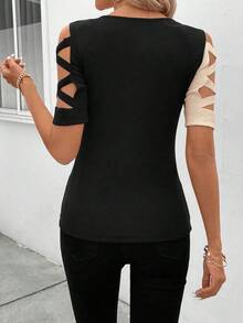 Camiseta Para Mujer Con Cuello Redondo Y Recortes En Contraste De Color - Albaricoque - Ver 2