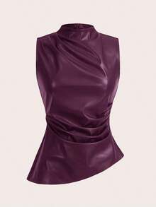 Camiseta ajustada con pliegues y estampado a cuadros para mujer, adecuada para uso diario, trabajo y viajes en verano - Morado - Ver 2
