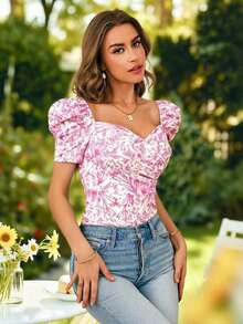 Blusa de mujer casual y elegante con estampado floral romántico y cuello en V, manga abullonada, para primavera/verano.Blusa floral de verano, blusa de primavera, blusa de manga abullonada, blusa floral, Blusa floral francesa suave del verano 2026 con cuello de corazón, manga abullonada y ajuste ceñido, blusa de manga corta linda para vacaciones, camisa delgada versátil para uso diario - Rosa 2 - Ver 6