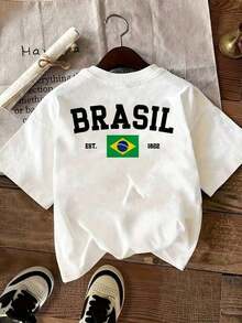 Camiseta de mujer con estampado "Brasil" - Camiseta blanca casual de cuello redondo con estampado de la bandera de Brasil y "Establecido en 1822", de manga corta, adecu para tops casuales de verano y primavera - Blanco - Ver 2