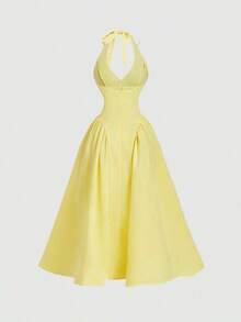 YHHSHEIN MOD Vestido largo con corbata de cuello de unicolor y estilo minimalista para mujer, uso casual diarioYHH - Albaricoque - Ver 10