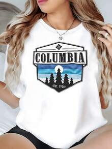 A Mountain Landscape With Pine Trees And A Blue Sky Symbolizes Freedom, Adventure, And Connection With Nature. A Comfortable, Casual, Short-Sleeved Women's T-Shirt For Everyday Wear. - 白色 - 查看 1