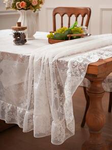 1pc French Countryside Style Floral Lace Trim Tablecloth, Holiday Decor - White - View 11