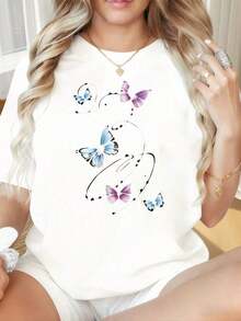 Women's Short-Sleeved T-Shirt With A Round Neck, Fun Butterfly Print, Loose Fit, Casual Graphic Tee,  Black. Suitable For Valentine's Day, Christmas, Parties, Sports Activities, Holidays, Outings, And Other Festive Gifts (220g). Leisure - 白色 - 查看 6