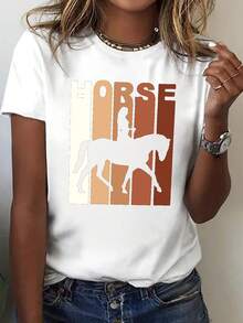 Riding Print T-Shirt, Short Sleeve And Round Neck, Casual Top For Summer And Spring, Women's Clothing With Adorable Animal Print, Fun Letter Print, Matches With Street Fashion, Summer Clothes For Outdoors Or Everyday Wear, Daily Clothes For Sweet Girls Or Students, Cool And Sweat-Free Summer Clothes - 白色 - 查看 7