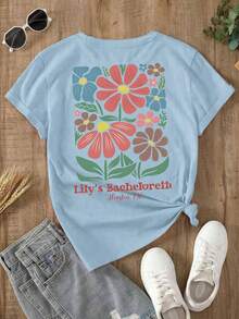 Women's Light Blue Summer Oversized T-Shirt With "Forever Awesome" Slogan And Pink Flowers. Loose-Fitting Round Neck T-Shirt With Printed Text And Floral Design, Fresh And Casual Style. - YH418-藍色 - 查看 3
