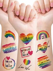 8张LGBTQ+骄傲主题临时纹身贴纸，包含鲜艳的彩虹心形图案、“爱赢了”和“为爱骄傲”标语贴纸，防水持久自粘，色彩缤纷，适用于骄傲月游行、LGBTQ+活动、锐舞派对、派对和演唱会等场合，也可作为DIY面部和身体彩妆配件。 - 彩色 - 查看 4