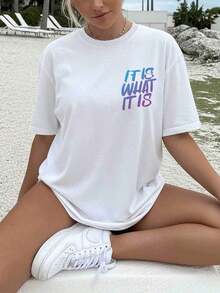 Gift Women's Blouses [Double-Sided Print] Women's Summer Casual Loose Fit Top With Gradient Graffiti Lettering 'IT IS WHAT' Print, Round Neck, Short Sleeve, Drop Shoulder, Oversized T-Shirt [1] Gym Y2k Round Neck 100% Cotton Soft Fabric Short Sleeve - 白色的 - 查看 3