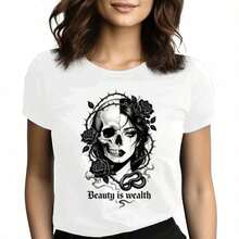 Tops para mujer Casual de Algodón de Manga Corta con Cuello Redondo para Mujer con Estampado de Calaveras y Rosas - Blanco - Ver 9