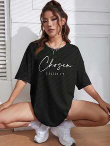 FASHIOGIRL Camiseta con Estampado de Letras y Hombros Caídos, Camisetas Gráficas para Mujer - Negro - Ver 5