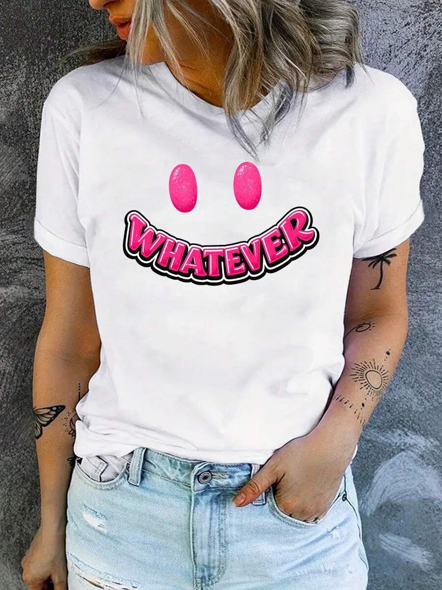 Premium1 camiseta de mujer con estampado de caritas sonrientes rosas, blanca, de cuello redondo, estilo casual, adecuada para uso diario, cumpleaños, regalo de Pascua o como camiseta conmemorativa para amigos o seres queridos.Nueva llegada - Blanco - Ver 1