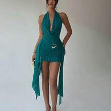 Spring/Summer New Sexy Party Music Festival Wedding Season Beach Vacation Wedding Season Green Mesh Deep Draped Neck Backless Fitted Asymmetrical Ruffle Hem Mini Dress, St. Patrick's Day Dress, Boho Music Festival Dress Green Clothes Women's Beach Outfits Bikini Cover Ups Dress Bathing Suit And Cover Up Beach Outfit For Women Dress Vacation Outfits Woman Dress, Women's Sexy Green Halter Sleeveless Mini Bodycon Dress With Asymmetrical Hem And Tie Back Detail - Verde agua - Ver 7