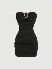 Vestido mini ajustado y sexy para mujer con hebilla metálica sin tirantes - Negro - Ver 7