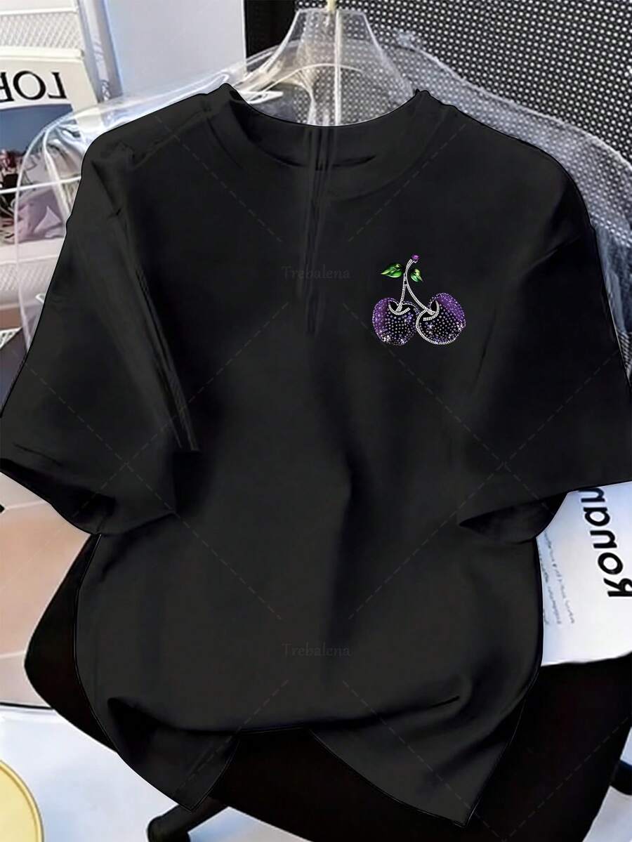 Plus Size T-Shirt For Women - Plus Size - Women's Plus Size Casual T-Shirt, Cherry Print, Summer Pink Top, Short Sleeves And Round Neck, Embodying The Latest , Perfect For Wearing In Spring And Summer, And An Ideal Gift For Easter And Mother's Day. - 黑色 - 查看 1