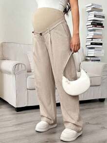 Pantalones rectos con bolsillo en diagonal, cintura ajustable, para maternidad - Caqui - Ver 4
