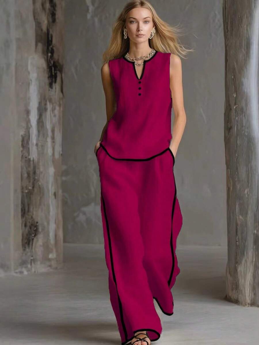 Nuevo 2026 Conjunto Dos Piezas Casual Mujer Color Contraste Sin Mangas y Pantalones Pierna Ancha - Rosa Fucsia - Ver 1
