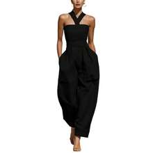 Nuevo 2026 Mono Mezcla de Lino Cuello Cruzado Halter Corte Holgado para Mujer - Negro - Ver 5