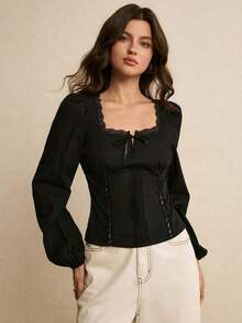 Blusa de manga larga con cuello cuadrado, decoración de lazo y encaje de contraste para mujer - Negro - Ver 5