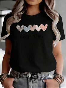 1 camiseta 100% algodón con cinco diseños diferentes en forma de corazón dispuestos en un diseño estampado.Ropa casual de verano para mujer, de manga corta y cuello redondo, estilo versátil.Tela cómoda.Camiseta de algodón transpirable, combina con todo. 100% algodón. - Negro - Ver 6