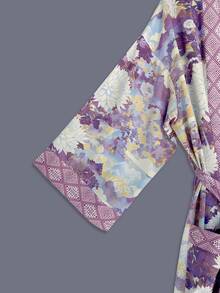 Bohemian Fashion Floral Print Mid-Length Kimono Cover Up Thin Jacket Women's Festival Elegant Casual Party Cover-Up Beach Sand Travel Vacation Cape Hem Slit Pockets Home Bathrobe Tie-Up Robe Middle Eastern Long Robe - Purple - View 4