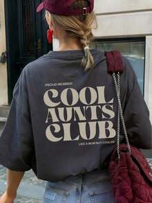 Women's Casual T-Shirt With "Cool Aunt Club" Slogan Print, Loose Fit, Short Sleeve, Ideal For Family Gatherings, Brunch With Friends And Everyday Summer Urban Style - 深灰色 - 查看 6