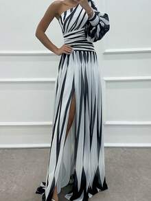 Off-The-Shoulder Print Dress With A Casual Slit For Everyday Wear - 白色 - 查看 2